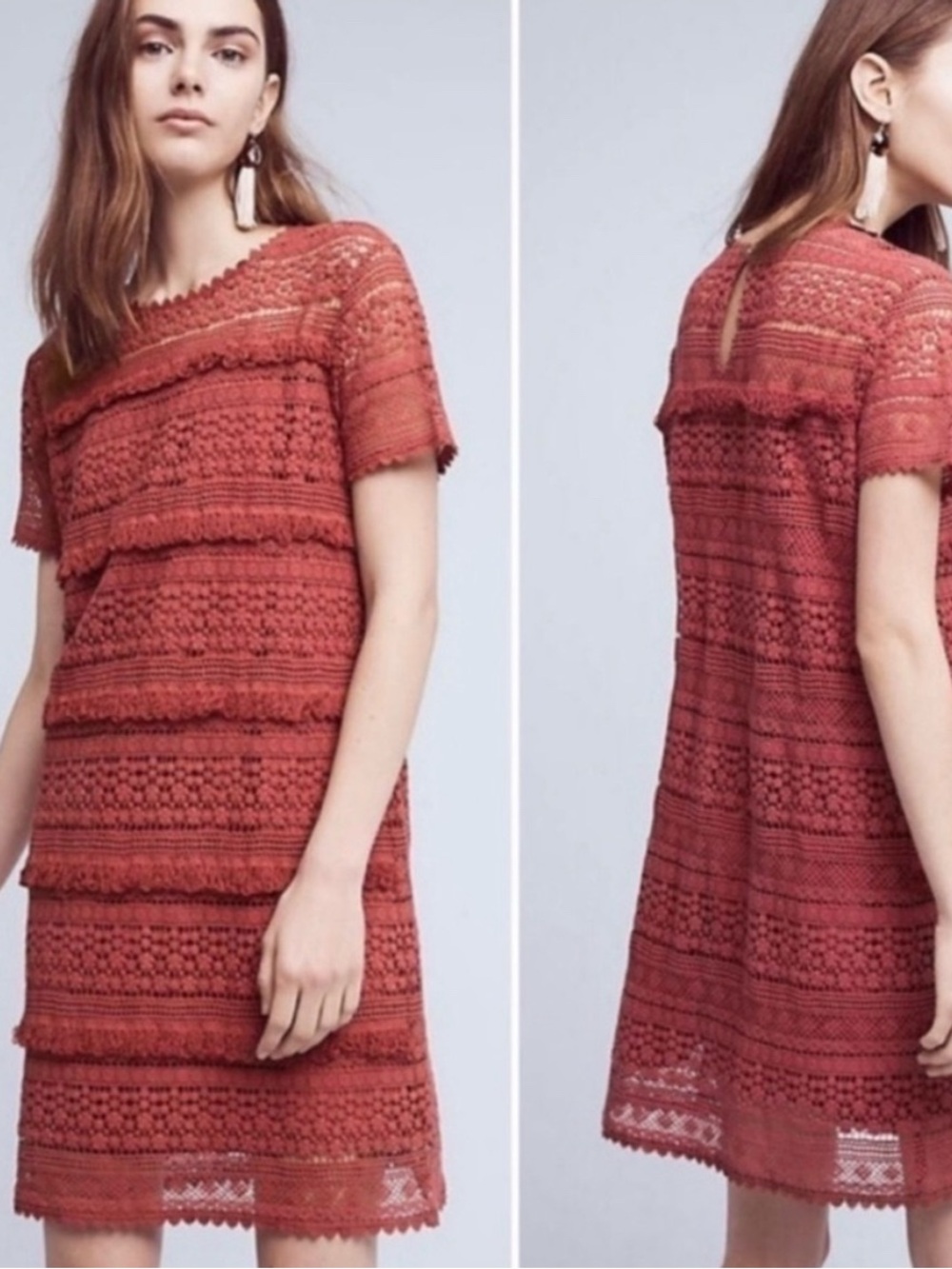O2SKY Anthropologie Rust Crochet Lace Fringe Dress XS
